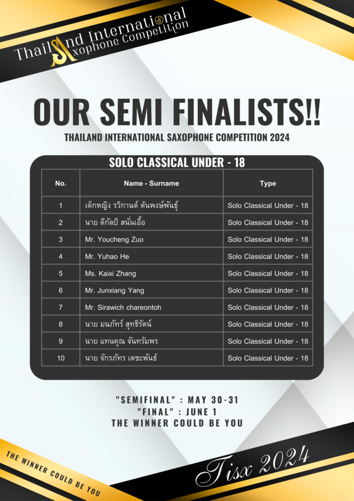Congratulations To The Semi Finalists! 🎉 รายชื่อผู้ผ่านเข้าสู่รอบรองชนะเลิศ !! 👉 การแข่งขันแซ็กโซโฟนระดับนานาชาติ 🎷 Thailand International Saxophone Competition 2024 🎊