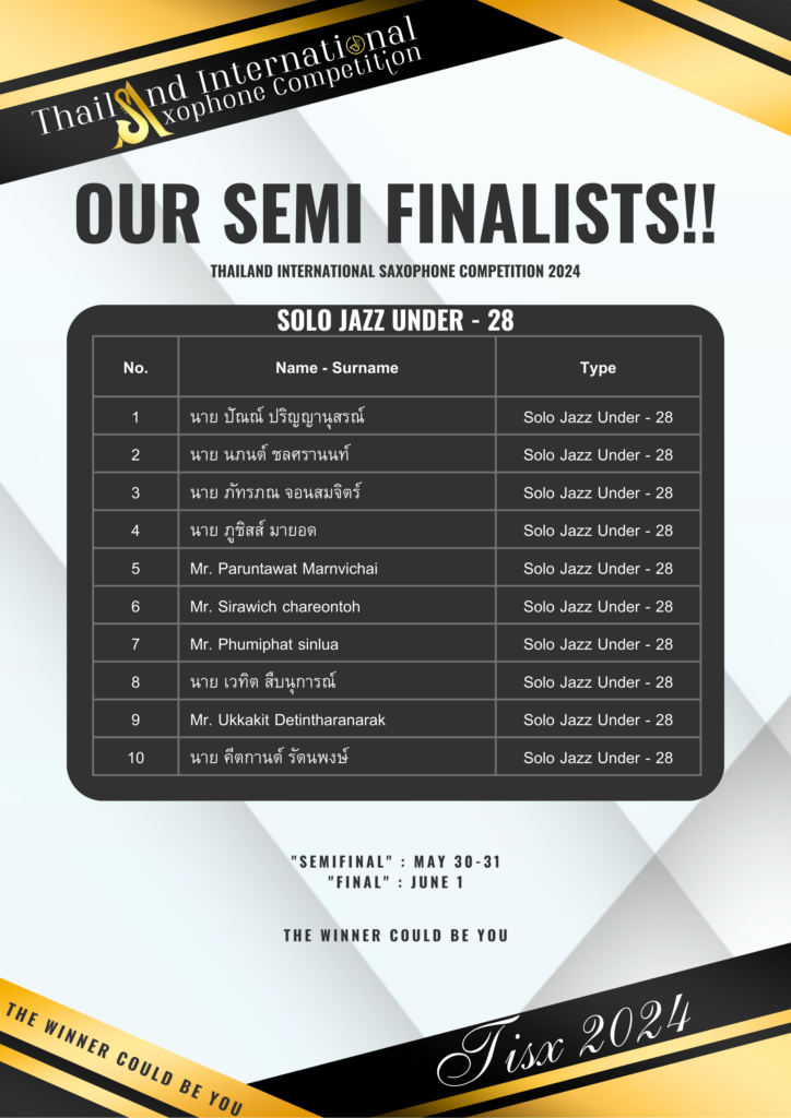 Congratulations To The Semi Finalists! 🎉 รายชื่อผู้ผ่านเข้าสู่รอบรองชนะเลิศ !! 👉 การแข่งขันแซ็กโซโฟนระดับนานาชาติ 🎷 Thailand International Saxophone Competition 2024 🎊